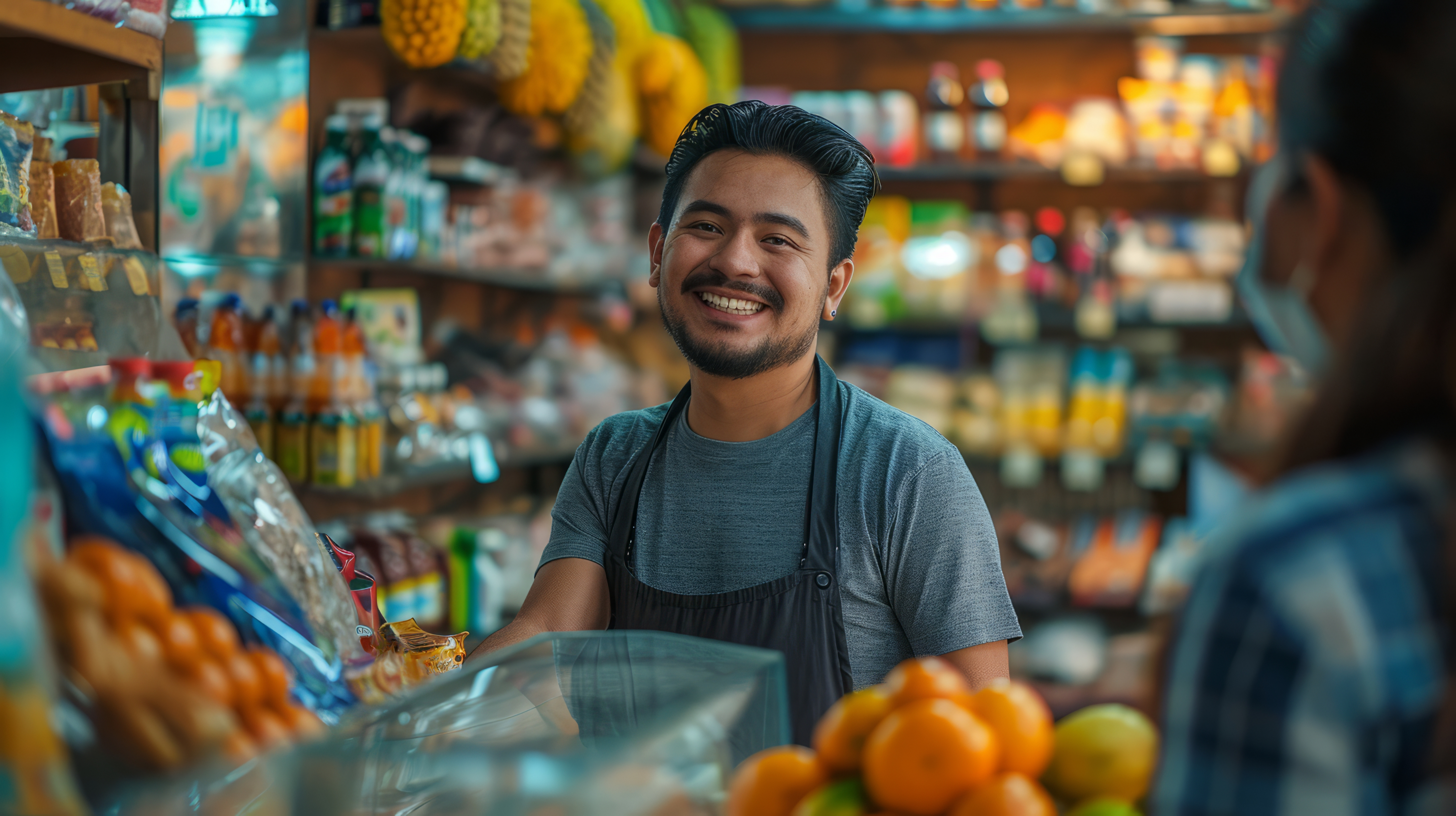 Chico sonriente en un supermercado